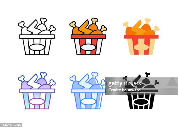 stockillustraties, clipart, cartoons en iconen met fried chicken in bucket icons. 6 different styles. editable stroke. - gefrituurde kip