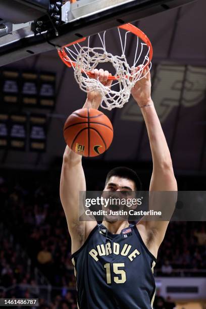 Zach Edey of the Purdue Boilermakers dunks the ball during the second half in the game against the Penn State Nittany Lions at Mackey Arena on...