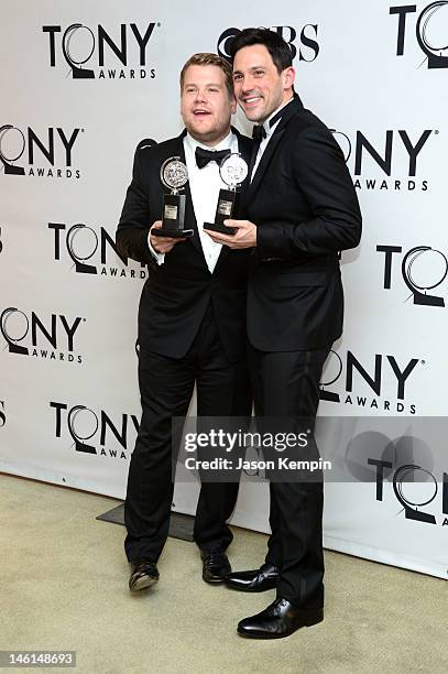 Actors James Corden, winner of Best Performance by a Leading Actor in a Play for 'One Man, Two Guvnors' and Steve Kazee, winner of Best Performance...