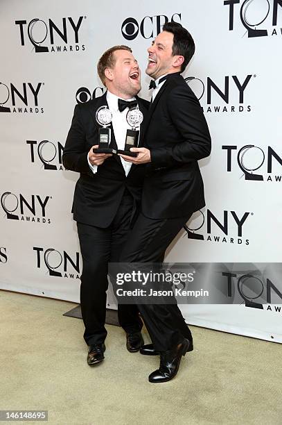 Actors James Corden, winner of Best Performance by a Leading Actor in a Play for 'One Man, Two Guvnors' and Steve Kazee, winner of Best Performance...