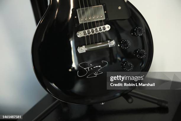 Sting signed black Gibson Les Paul electric guitar is seen at Musicares Charity Relief Auction Press Preview at Julien's Auctions on February 01,...