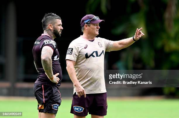 Coach Kevin Walters talks tactics with Adam Reynolds during a Brisbane Broncos NRL training session at Gilbert Park on February 02, 2023 in Brisbane,...