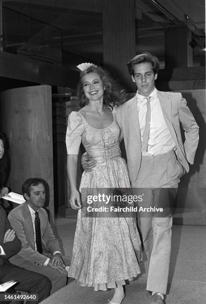 Floral print prairie dress with lace-up front and princess-sleeves n the Perry Ellis Spring/Summer 1981 show in New York