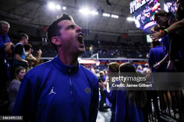 Head coach Todd Golden of the Florida Gators celebrates after defeating the Tennessee Volunteers 67-54 in a game at the Stephen C. O'Connell Center...