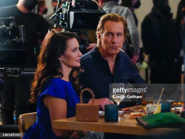Kristin Davis and John Corbett are seen on the set of "And Just Like That" on February 1, 2023 in New York City.