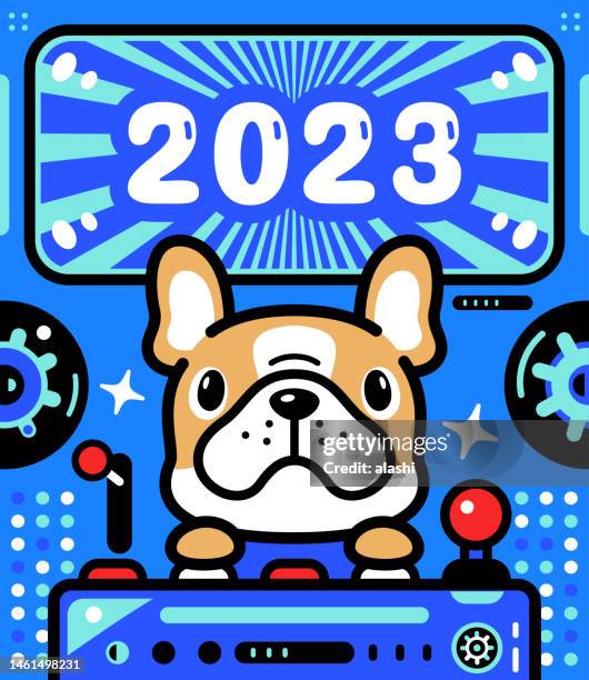 a cute french bulldog is piloting an unlimited power spaceship and celebrating the arrival of 2023 - animal pattern stock illustrations