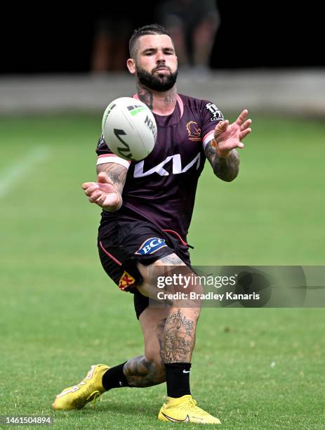 Adam Reynolds passes the ball during a Brisbane Broncos NRL training session at Gilbert Park on February 02, 2023 in Brisbane, Australia.