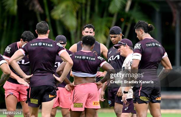 Coach Kevin Walters talks to his players during a Brisbane Broncos NRL training session at Gilbert Park on February 02, 2023 in Brisbane, Australia.