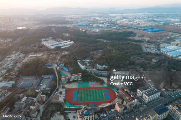 Aerial view of the school in Jinji Mountain area where Hu Xinyu was educated at, on January 30, 2023 in Shangrao, Jiangxi Province of China....