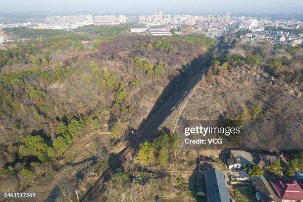 Aerial view of a forest in Jinji Mountain area, the scene where Hu Xinyu's body was found, on January 30, 2023 in Shangrao, Jiangxi Province of...