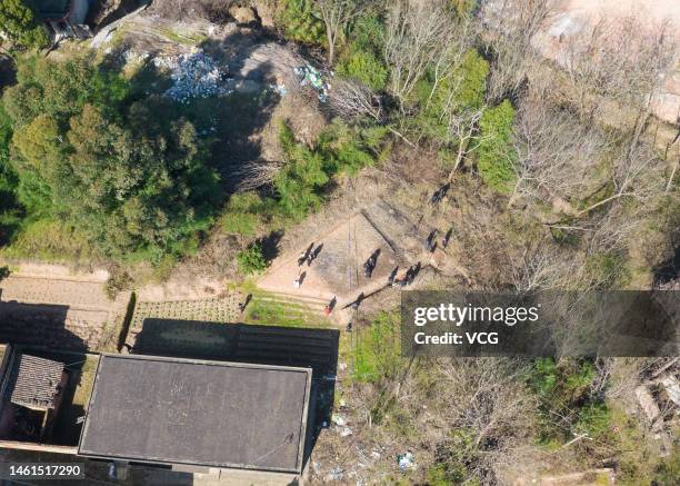 Aerial view of a forest in Jinji Mountain area, the scene where Hu Xinyu's body was found, on January 30, 2023 in Shangrao, Jiangxi Province of...