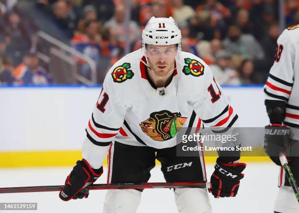 Taylor Raddysh of the Chicago Black Hawks waiting for the puck to drop in the second period against the Edmonton Oilers on January 28, 2023 at Rogers...