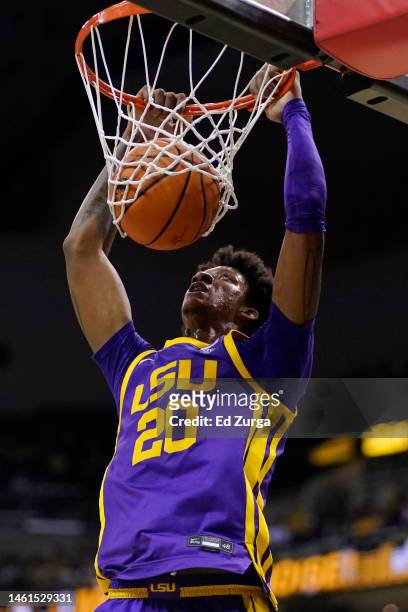 Derek Fountain of the LSU Tigers dunks against the Missouri Tigers in the second half at Mizzou Arena on February 01, 2023 in Columbia, Missouri.