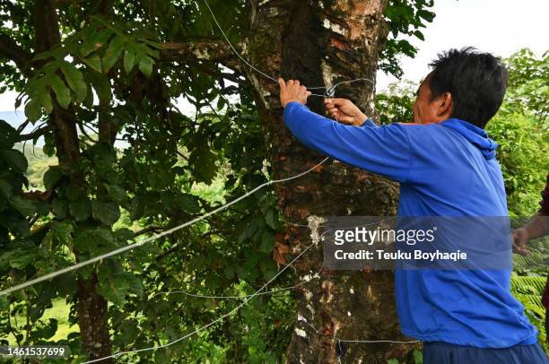 man installing insulator ring on the fence-stock photo - insulator stock pictures, royalty-free photos & images