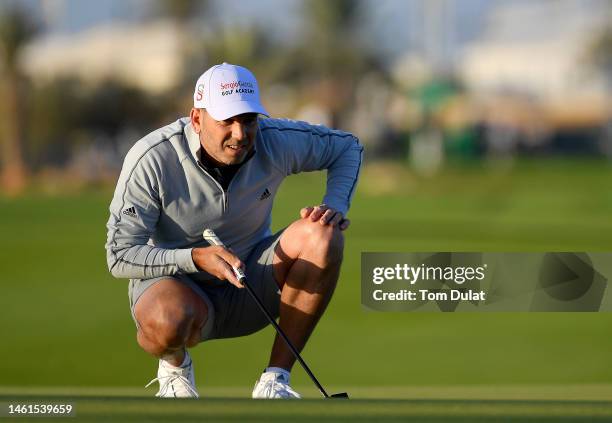 Sergio Garcia of Spain lines up a putt on the 10th hole during Day One of the PIF Saudi International at Royal Greens Golf & Country Club on February...