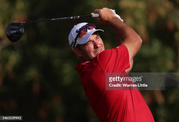 Ryan Fox of New Zealand plays his tee shot on the 14th hole during Day One of the Ras Al Khaimah Championship at Al Hamra Golf Club on February 02,...