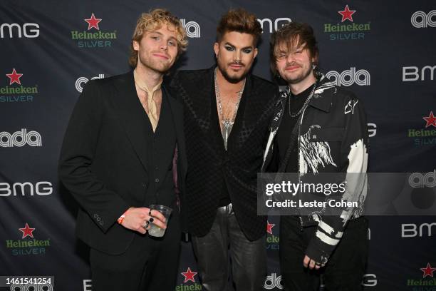 Luke Hemmings, Adam Lambert and Michael Clifford attend the 2023 BMG Pre-Grammy Party at Candela La Brea on February 01, 2023 in Los Angeles,...