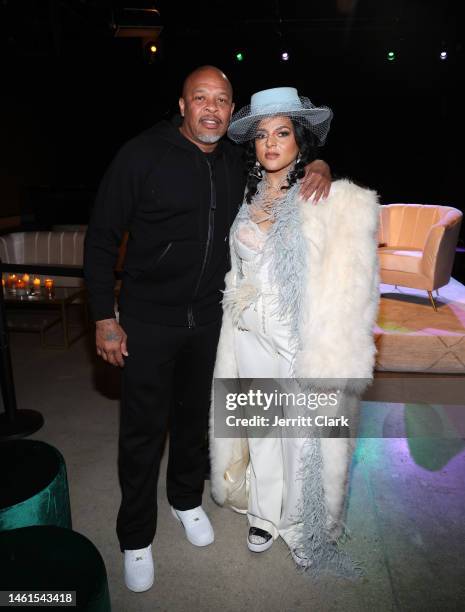 Dr. Dre and Marsha Ambrosius attend Marsha Ambrosius "Casablanco" Listening Event at Interscope Studios on February 01, 2023 in Santa Monica,...