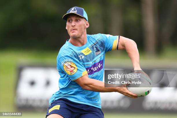 Tanah Boyd during a Gold Coast Titans NRL training session at Cbus Super Stadium on February 02, 2023 in Gold Coast, Australia.