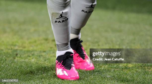 Adidas boots of Lionel Messi of PSG during the Ligue 1 match between Montpellier HSC and Paris Saint-Germain at Stade de la Mosson on February 1,...