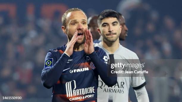 Valere Germain of Montpellier during the Ligue 1 match between Montpellier HSC and Paris Saint-Germain at Stade de la Mosson on February 1, 2023 in...