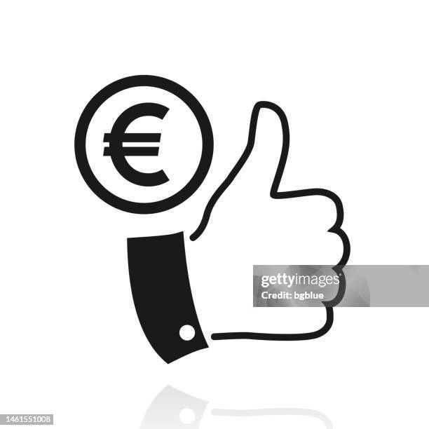 euro coin with thumbs up. icon with reflection on white background - black thumbs up white background stock illustrations