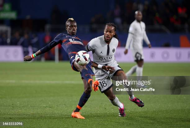 Falaye Sacko of Montpellier, Renato Sanches of PSG during the Ligue 1 match between Montpellier HSC and Paris Saint-Germain at Stade de la Mosson on...