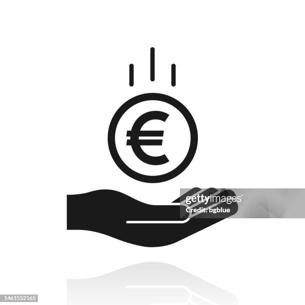 stockillustraties, clipart, cartoons en iconen met euro coin falling in hand. icon with reflection on white background - euro in hand