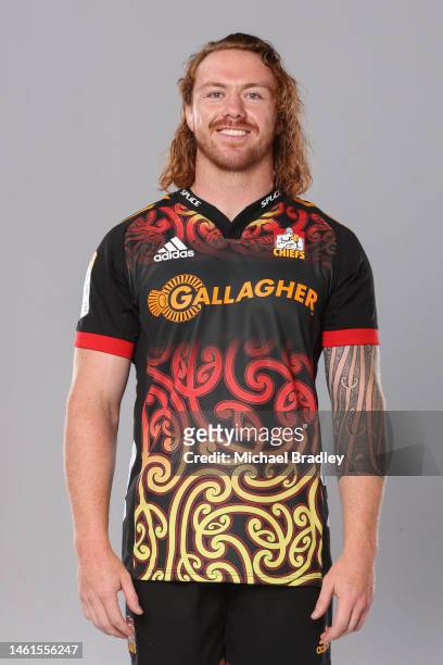 Patrick McCurran poses during the Chiefs Super Rugby 2023 team headshots session at the Chief headquarters on February 01, 2023 in Hamilton, New...