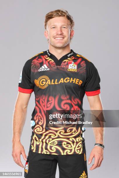 Damian McKenzie poses during the Chiefs Super Rugby 2023 team headshots session at the Chief headquarters on February 01, 2023 in Hamilton, New...