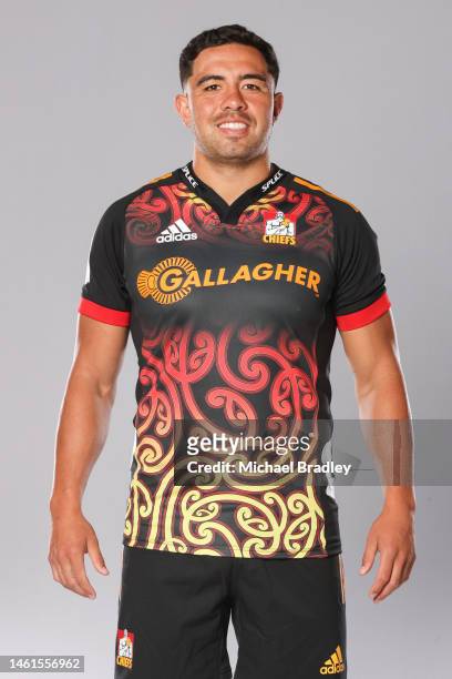 Anton Lienert-Brownposes during the Chiefs Super Rugby 2023 team headshots session at the Chief headquarters on February 01, 2023 in Hamilton, New...