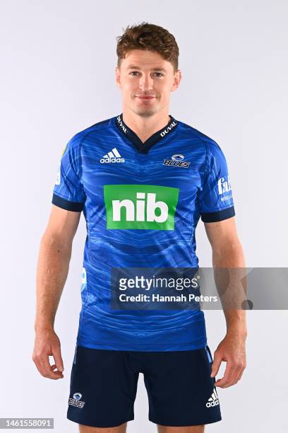 Beauden Barrett poses during the Blues Super Rugby 2023 team headshots session at Blues HQ on January 25, 2023 in Auckland, New Zealand.