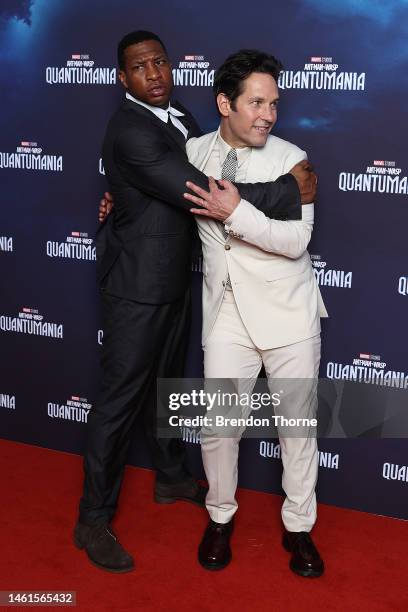 Paul Rudd and Jonathan Majors attend the "Ant-Man and The Wasp: Quantumania" Sydney premiere at Hoyts Entertainment Quarter on February 02, 2023 in...