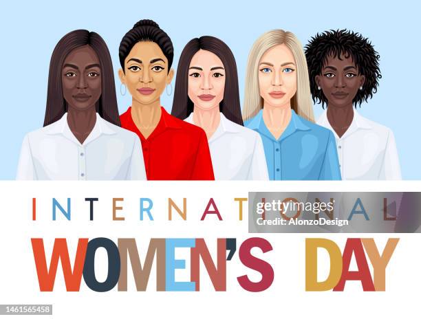 international women’s day poster. multiracial group of women. - girl illustration stock illustrations