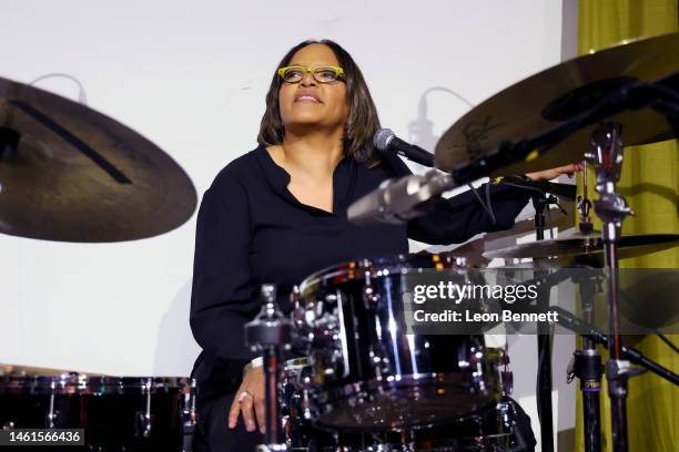 Terri Lyne Carrington performs during the Producers & Engineers Wing GRAMMY Week Celebration at The Village Studios on February 01, 2023 in Los...