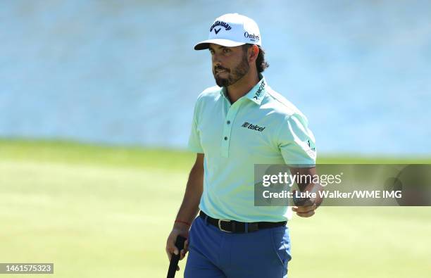 Abraham Ancer of Mexico acknowledges the crowd on the 9th green on Day One of the PIF Saudi International at Royal Greens Golf & Country Club on...