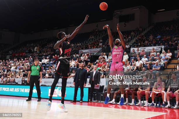 Jarrell Brantley of the Breakers shoots during the round 18 NBL match between Illawarra Hawks and New Zealand Breakers at WIN Entertainment Centre,...