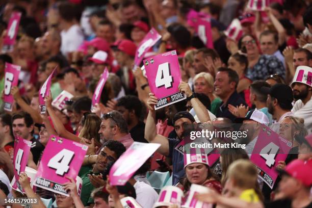 Sixers fans cheer during the Men's Big Bash League match between the Sydney Sixers and the Brisbane Heat at Sydney Cricket Ground, on February 02 in...