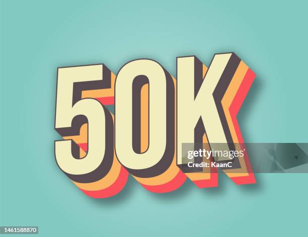 ilustraciones, imágenes clip art, dibujos animados e iconos de stock de gracias 50000 o 50k seguidores. tarjeta de felicitación. concepto de redes sociales web. blogger celebra un gran número de suscriptores. ilustración de stock - 50k followers