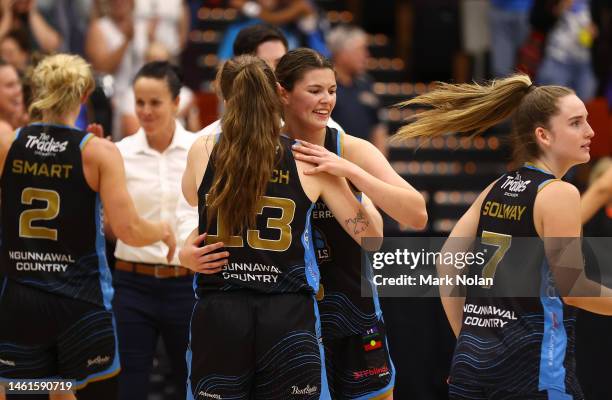 Nolan Stringer Jade Melbourne of the Capitals celebrates winning the round 13 WNBL ...