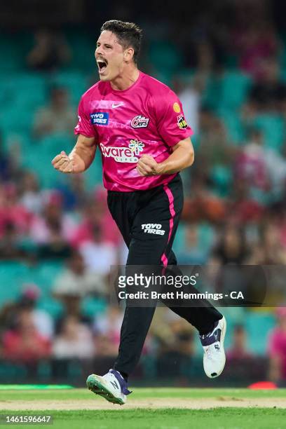 Ben Dwarshuis of the Sixers celebrates after taking the wicket of Josh Brown of the Heat during the Men's Big Bash League match between the Sydney...