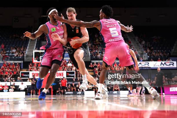 Sam Froling of the Hawks drives to the basket during the round 18 NBL match between Illawarra Hawks and New Zealand Breakers at WIN Entertainment...