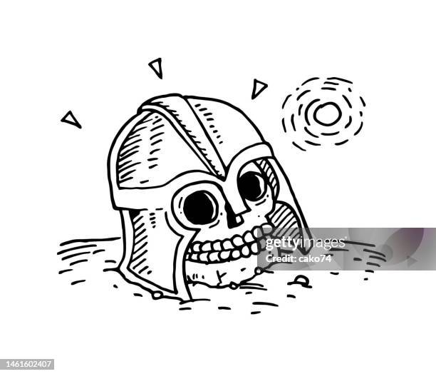 handgezeichneter helm und totenkopf - traditionelle rüstung stock-grafiken, -clipart, -cartoons und -symbole