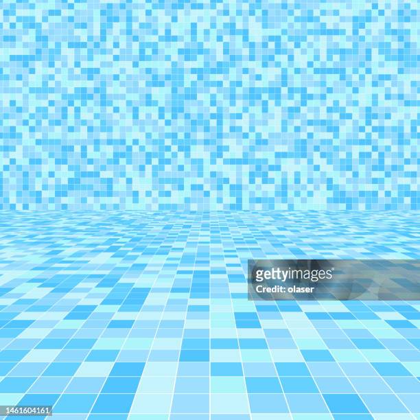 pool colors, square pattern on floor and wall - light blue tiled floor stock illustrations