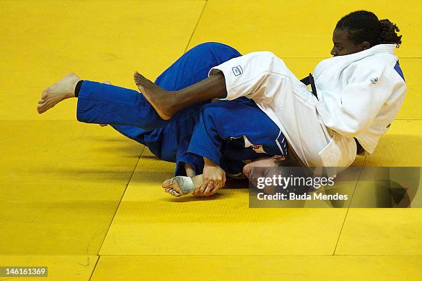 Brazilian Helana Romanelli in action against Ecuadorean Vanessa Chala during their fight at semifinal -70 Kg female category as part of the Grand...