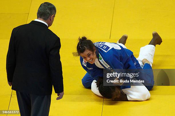 Brazilian Helana Romanelli in action against Ecuadorean Vanessa Chala during their fight at semifinal -70 Kg female category as part of the Grand...