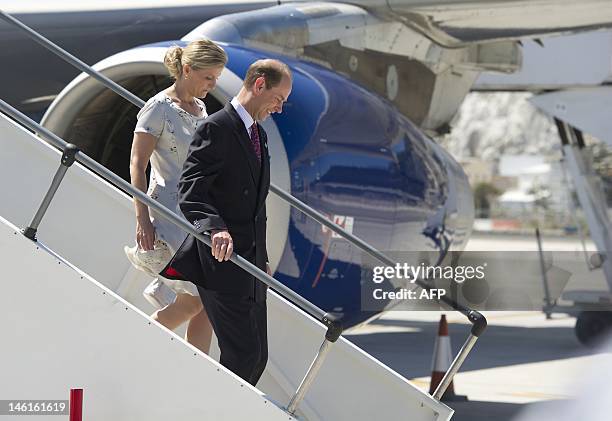 Britain's Prince Edward ,earl of Wessex, and his wife Sophie, countess of Wessex, arrive in Gibraltar on June 11, 2012. The youngest son of Queen...