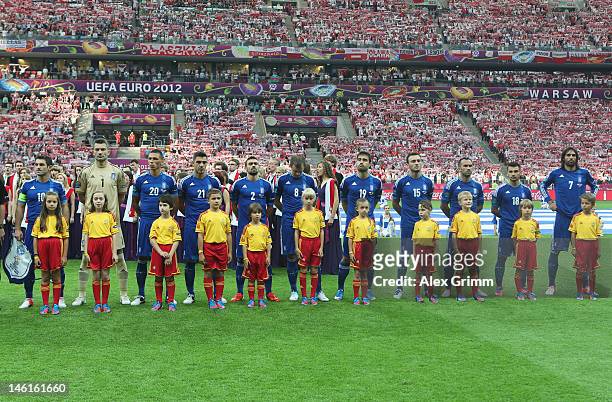 Greece line up prior to the UEFA EURO 2012 group A match between Poland and Greece at National Stadium on June 8, 2012 in Warsaw, Poland.