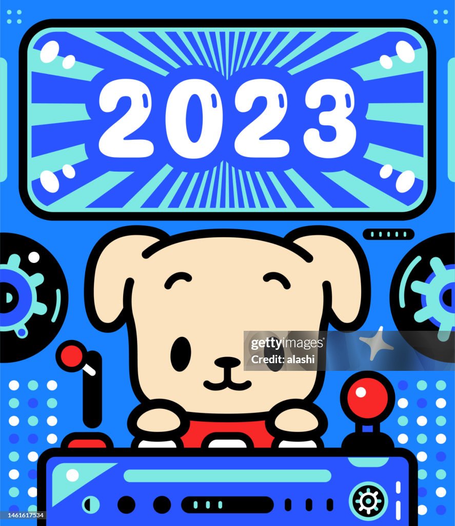 A cute dog is piloting an Unlimited Power Spaceship and celebrating the arrival of 2023