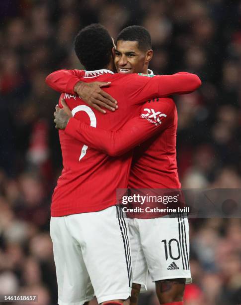 Anthony Martial celebrates with Marcus Rashford of Manchester United after scoring the team's first goal during the Carabao Cup Semi Final 2nd Leg...